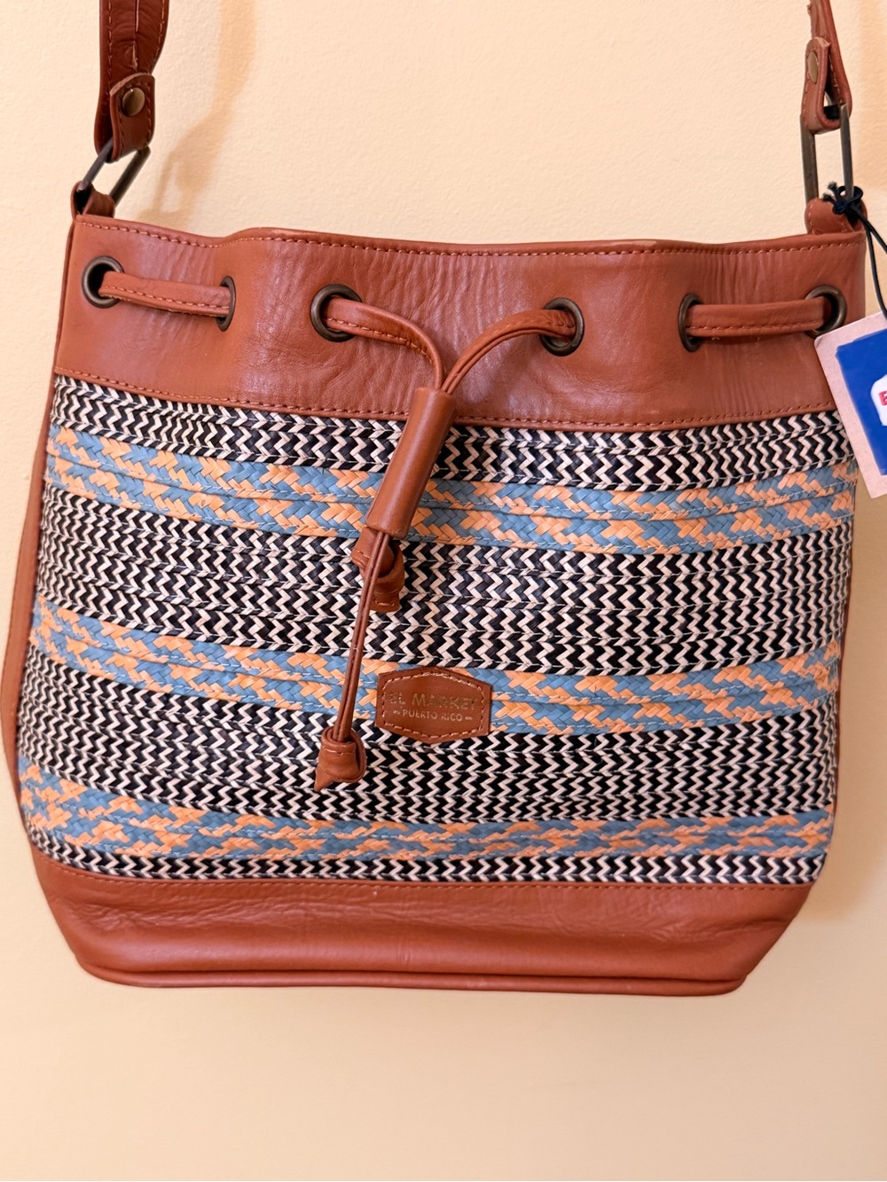 El Market Puerto Rico Leather Woven Bucket Crossbody Bag NWT